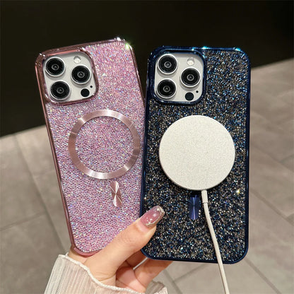 Gorgeous Diamond Phone Case For iPhone 15 14 Plus 13 12 11 Pro Max Magnetic Suction Wireless Charging Outer Cover 