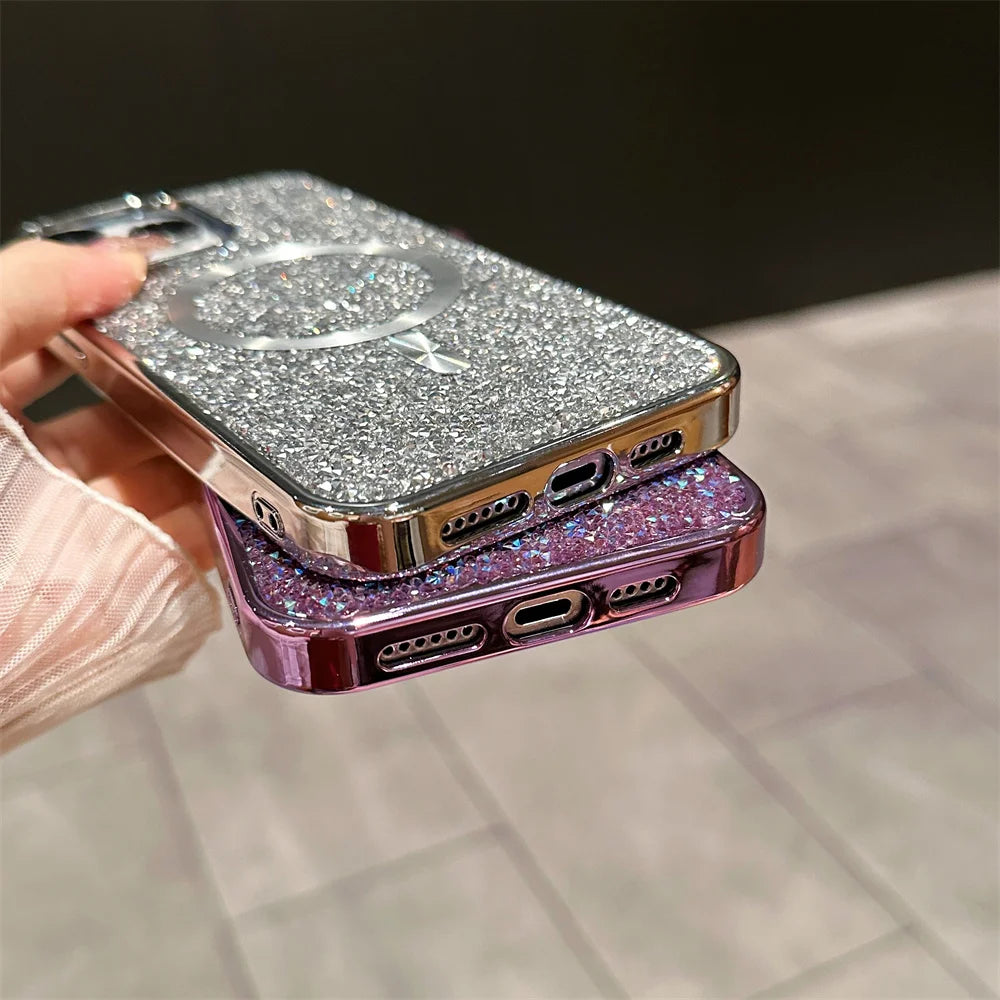 Gorgeous Diamond Phone Case For iPhone 15 14 Plus 13 12 11 Pro Max Magnetic Suction Wireless Charging Outer Cover 