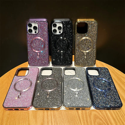 Gorgeous Diamond Phone Case For iPhone 15 14 Plus 13 12 11 Pro Max Magnetic Suction Wireless Charging Outer Cover 