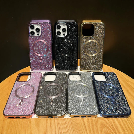 Gorgeous Diamond Phone Case For iPhone 15 14 Plus 13 12 11 Pro Max Magnetic Suction Wireless Charging Outer Cover 