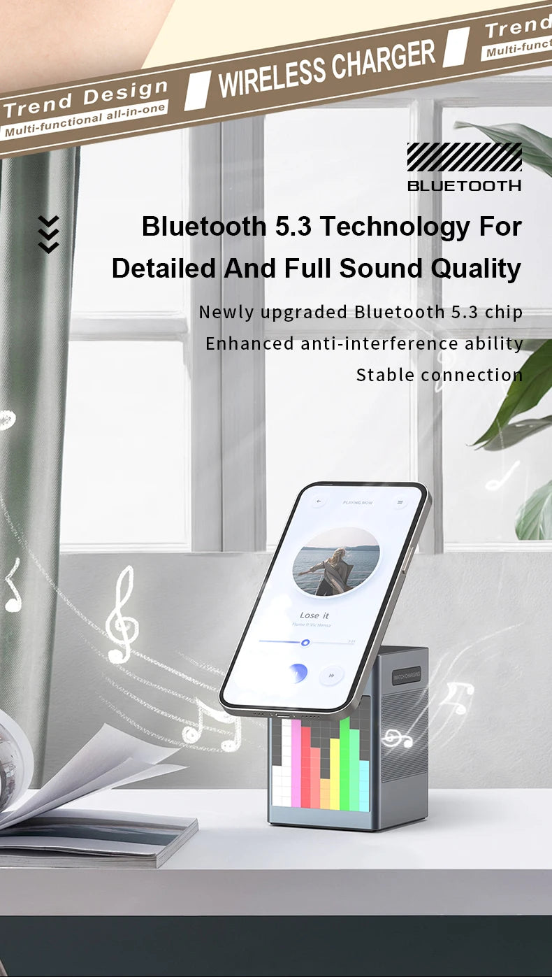 6-in-1 Magnetic Wireless Charging Station with Bluetooth Speaker & Alarm Clock