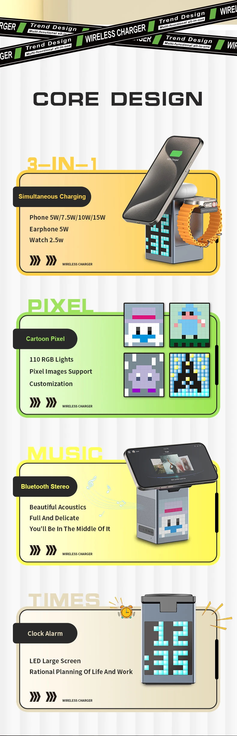 6-in-1 Magnetic Wireless Charging Station with Bluetooth Speaker & Alarm Clock