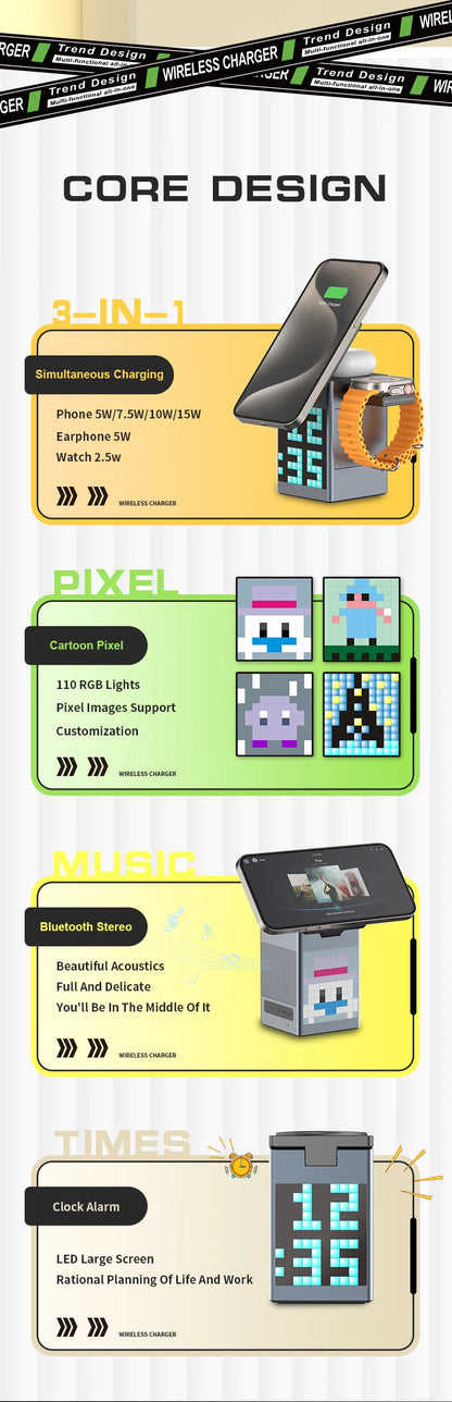 6-in-1 Magnetic Wireless Charging Station with Bluetooth Speaker & Alarm Clock