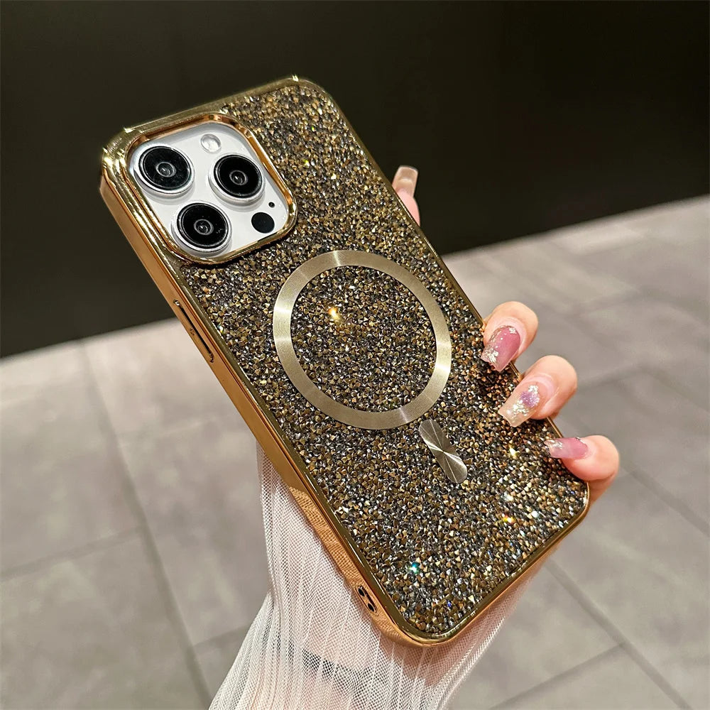 Gorgeous Diamond Phone Case For iPhone 15 14 Plus 13 12 11 Pro Max Magnetic Suction Wireless Charging Outer Cover 