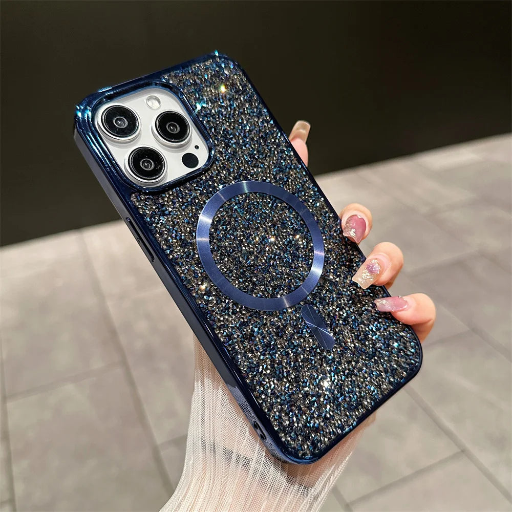 Gorgeous Diamond Phone Case For iPhone 15 14 Plus 13 12 11 Pro Max Magnetic Suction Wireless Charging Outer Cover 