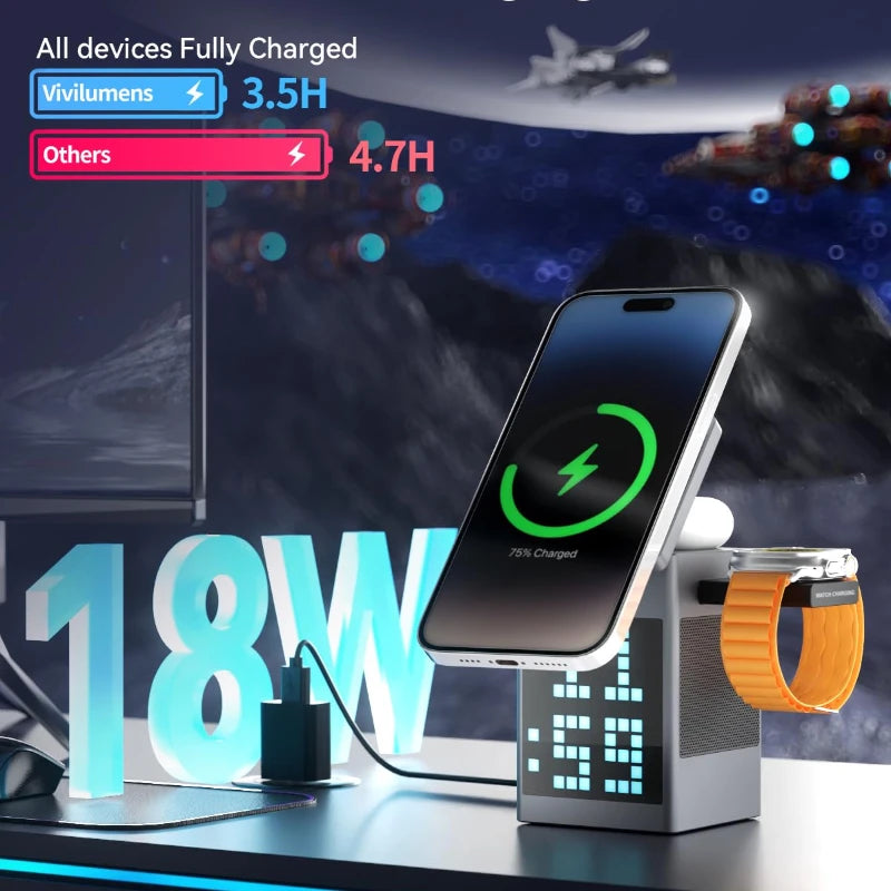 6-in-1 Magnetic Wireless Charging Station with Bluetooth Speaker & Alarm Clock