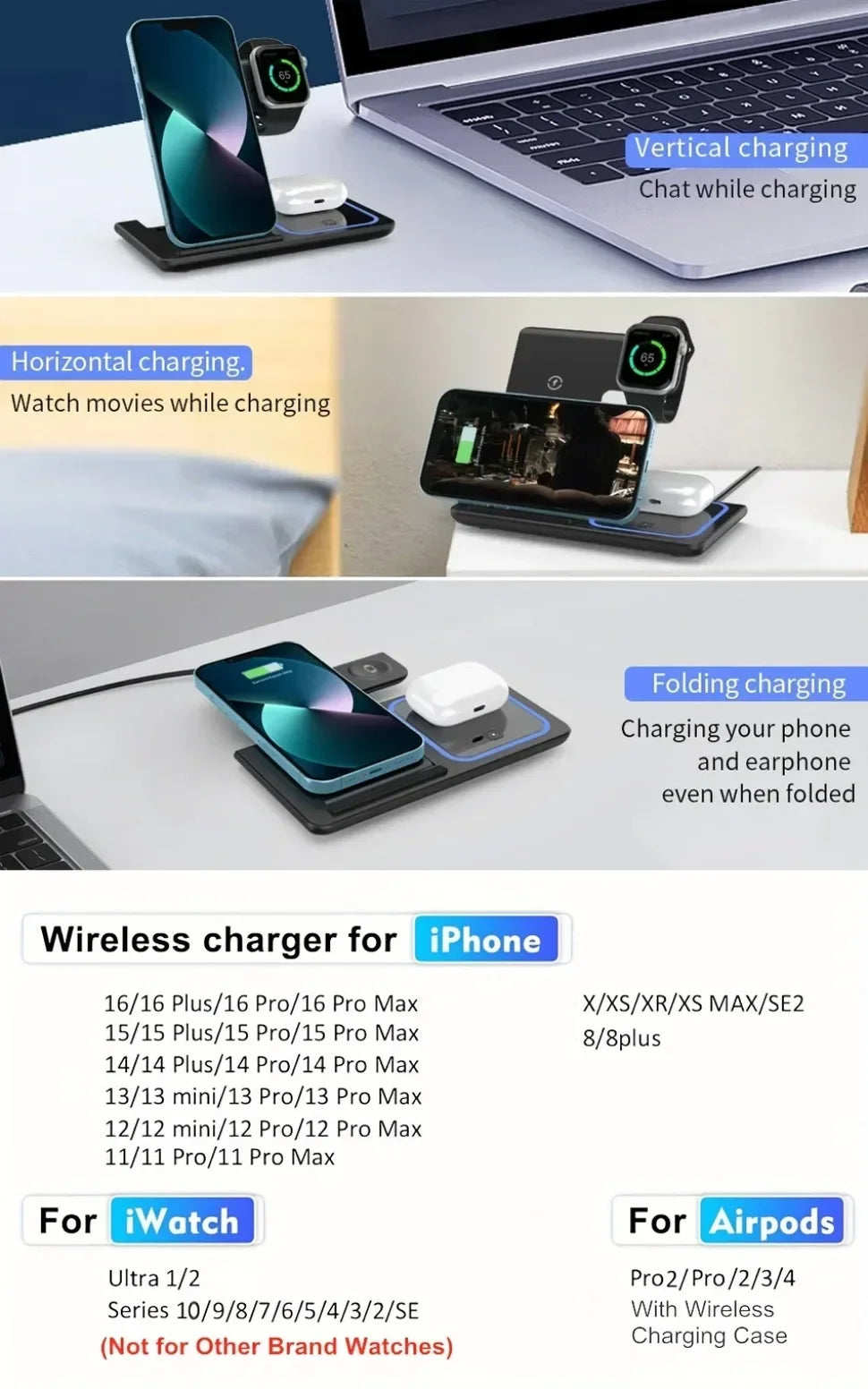 3 in 1 30W Foldable Wireless Charging Station for iPhone 16 15 14 13 12 Pro Max iWatch Ultra Airpods Pro Fast Charger Stand Dock
