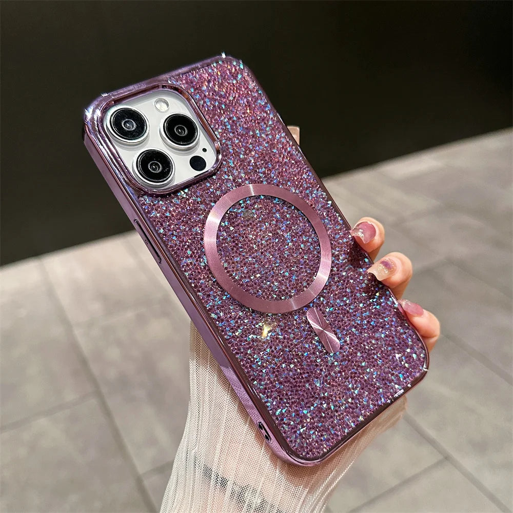 Gorgeous Diamond Phone Case For iPhone 15 14 Plus 13 12 11 Pro Max Magnetic Suction Wireless Charging Outer Cover 