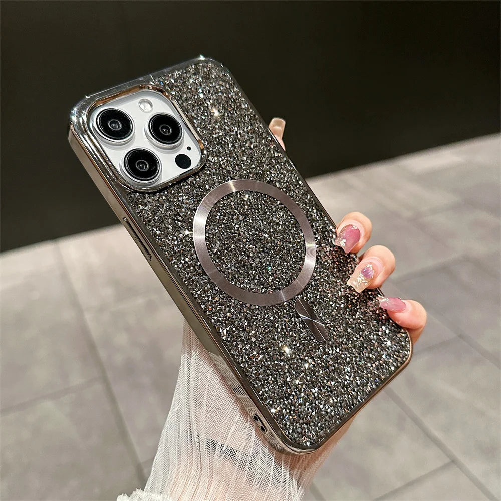 Gorgeous Diamond Phone Case For iPhone 15 14 Plus 13 12 11 Pro Max Magnetic Suction Wireless Charging Outer Cover 