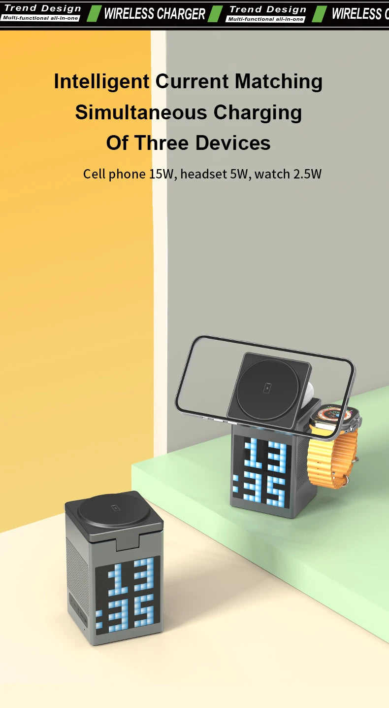 6-in-1 Magnetic Wireless Charging Station with Bluetooth Speaker & Alarm Clock