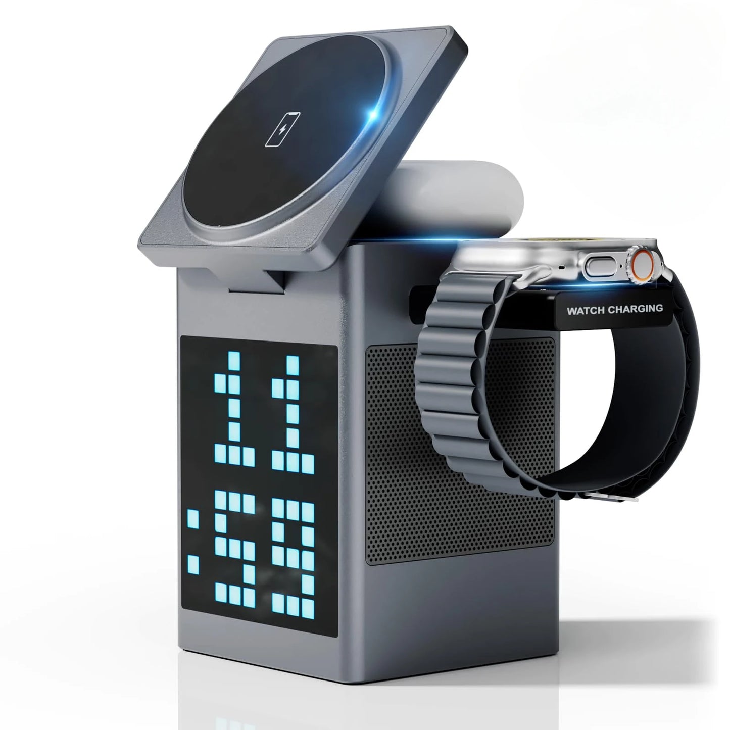 6-in-1 Magnetic Wireless Charging Station with Bluetooth Speaker & Alarm Clock