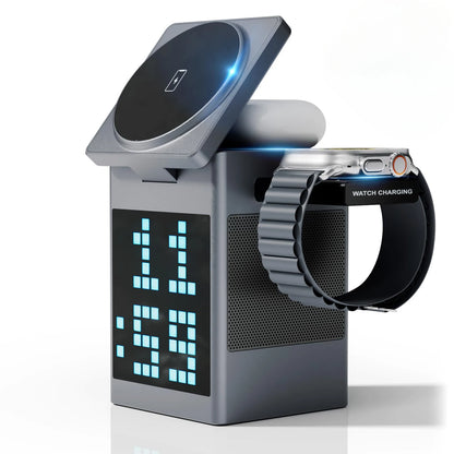 6-in-1 Magnetic Wireless Charging Station with Bluetooth Speaker & Alarm Clock